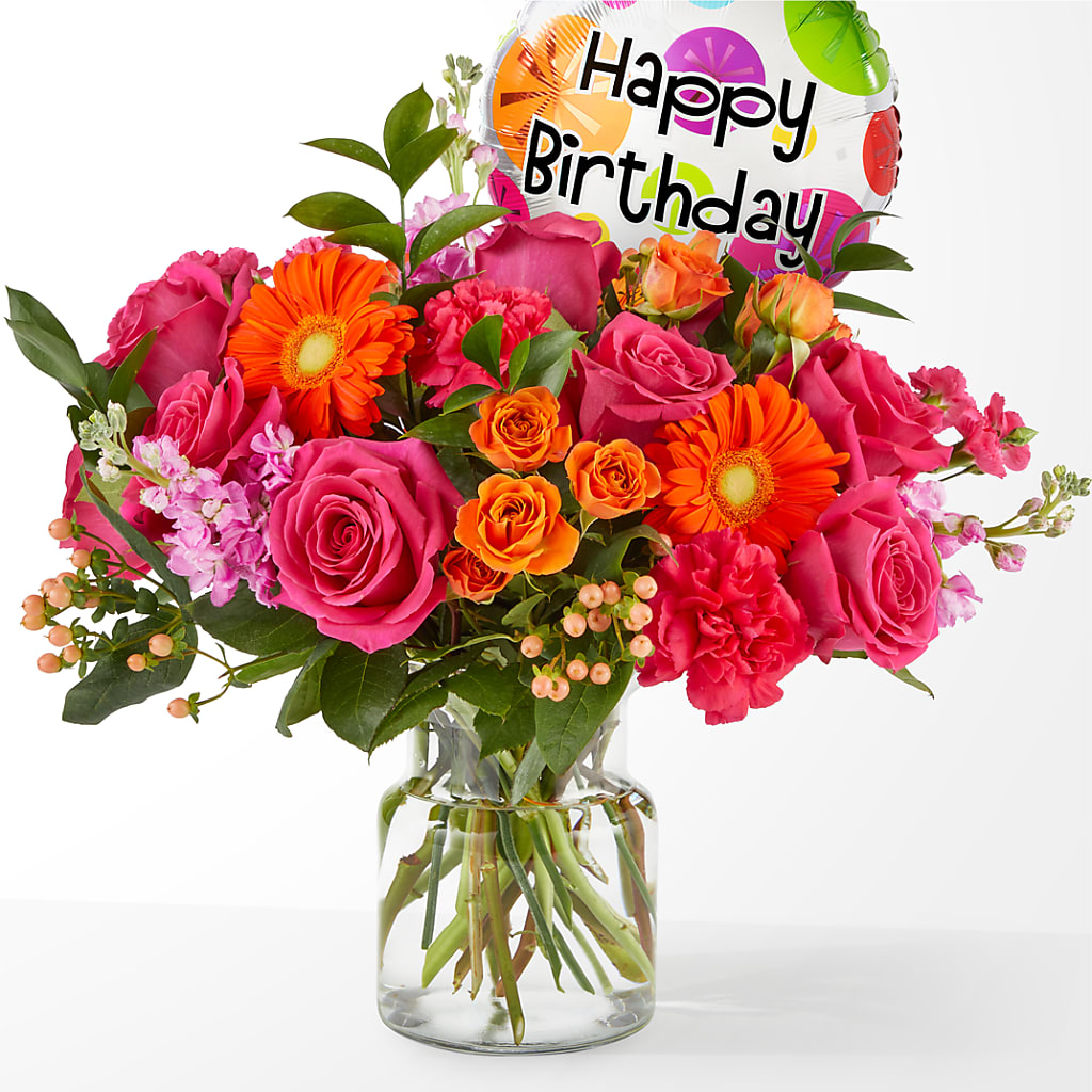 Fiesta Bouquet with Birthday Balloon – EMERY'S FLOWERS & CO, Maumee OH