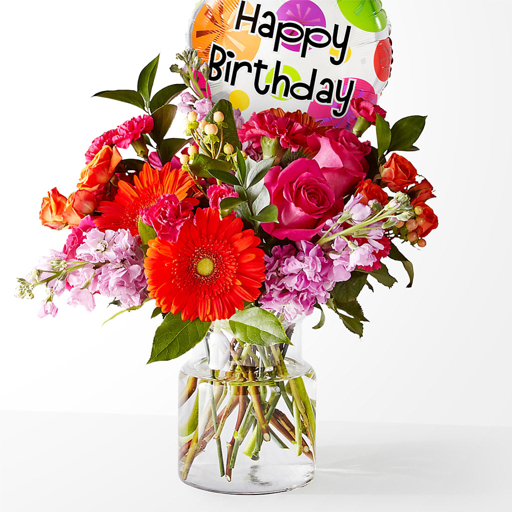Fiesta Bouquet with Birthday Balloon – EMERY'S FLOWERS & CO, Maumee OH
