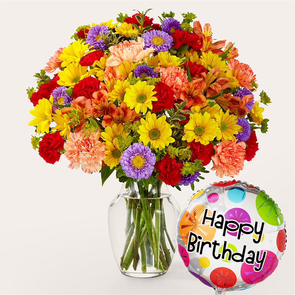 Kaleidoscope Bouquet with Birthday Balloon – EMERY'S FLOWERS & CO, Maumee OH