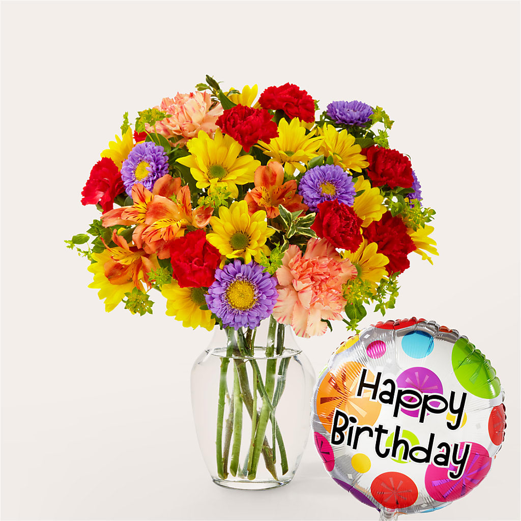 Kaleidoscope Bouquet with Birthday Balloon – EMERY'S FLOWERS & CO, Maumee OH