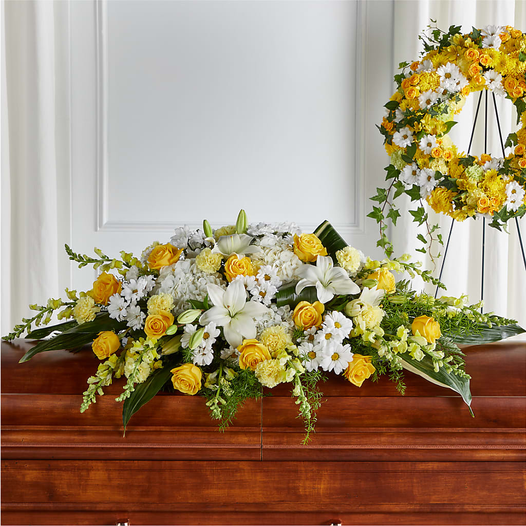 Golden Harmony Casket Spray – EMERY'S FLOWERS & CO, Maumee OH