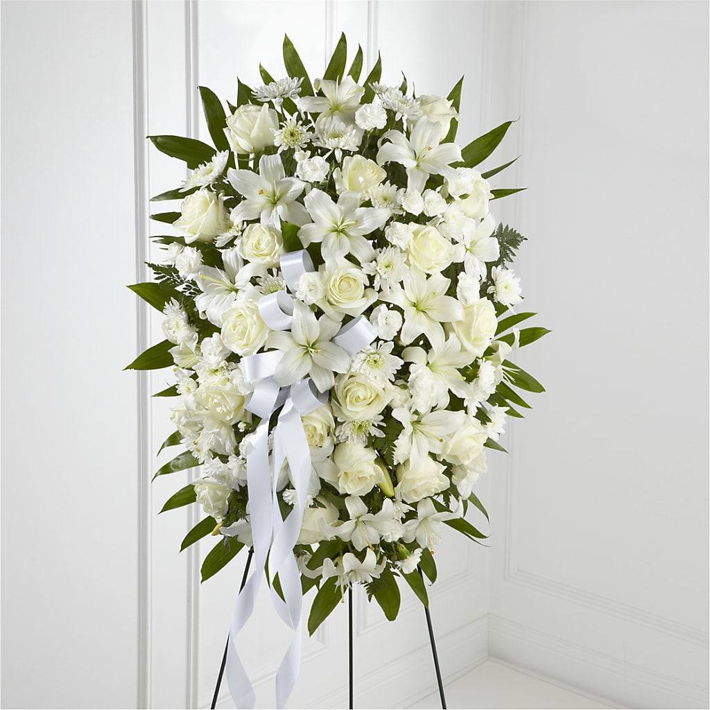 Exquisite Tribute Standing Spray-White Ribbon – EMERY'S FLOWERS & CO, Maumee OH