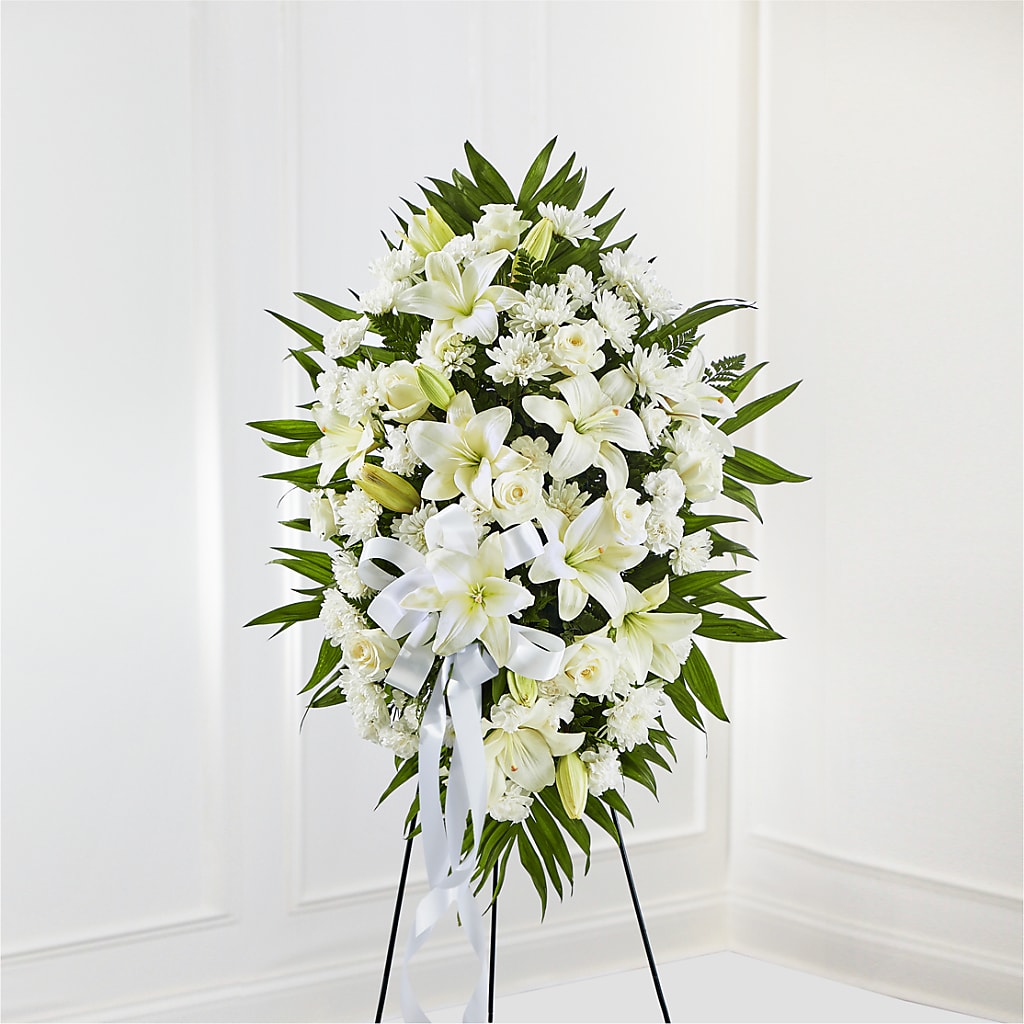 Exquisite Tribute Standing Spray-White Ribbon – EMERY'S FLOWERS & CO, Maumee OH